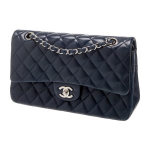 حقيبة Chanel كلاسيك ميديام دابل فلاب، جلد أسود مع معدن ذهبي، حقيبة فاخرة أصلية